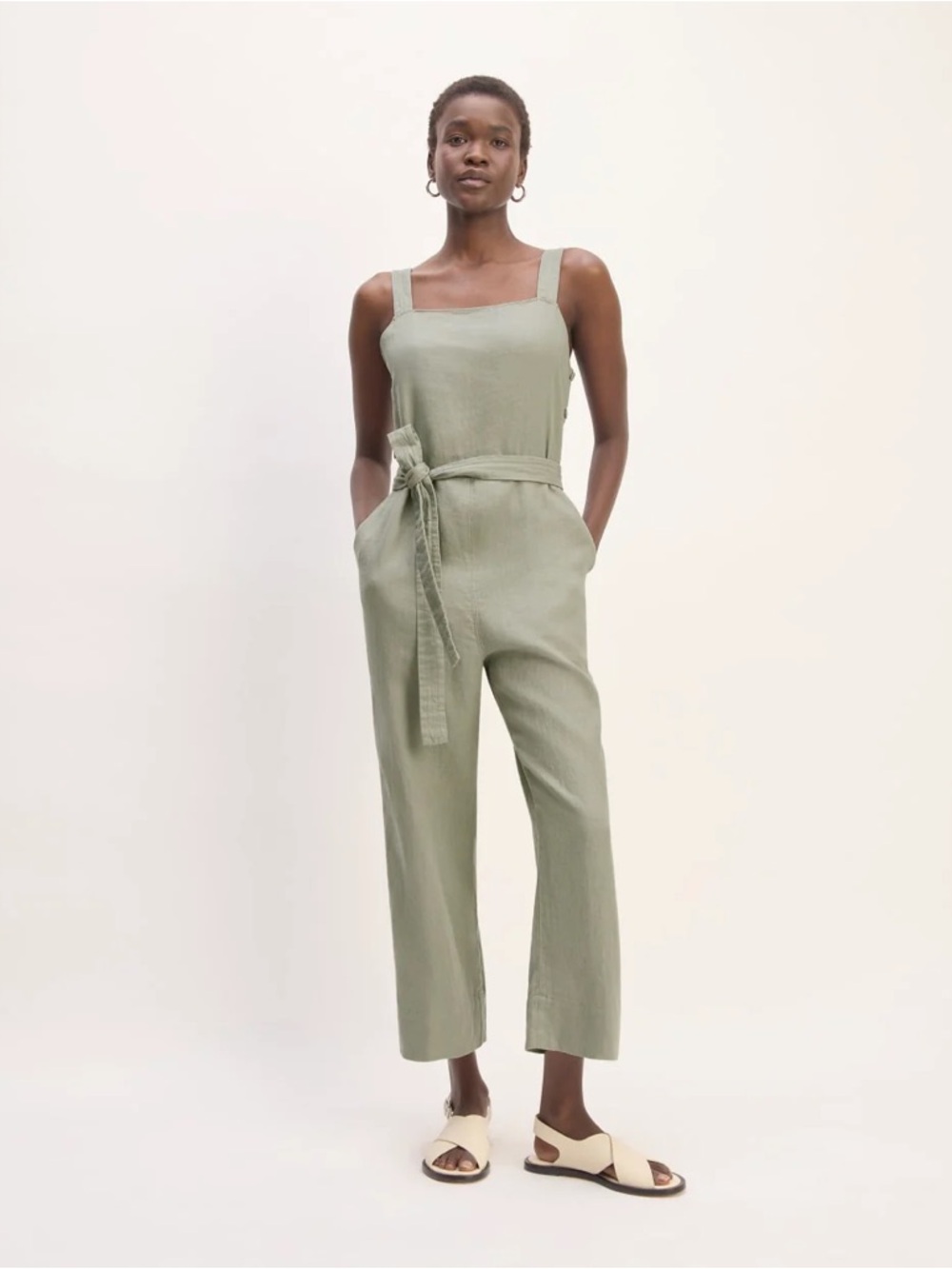 Everlane Sage Green Square-Neck Linen Jumpsuit